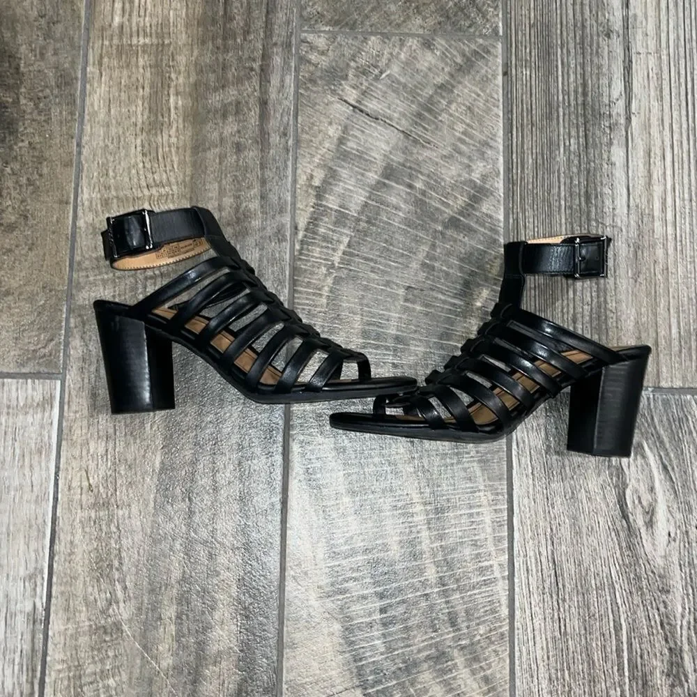 Vionic black Sami  leather ankle strap caged 3.5” block sturdy heels
